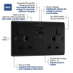 BG Nexus Metal Matt Black Double Switched 13A Power Socket With USB Charging - USB A + C (45W)