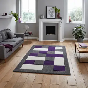 Grey Purple Modern Easy to Clean Bordered Chequered Geometric Rug For Dining Room-60cm X 120cm