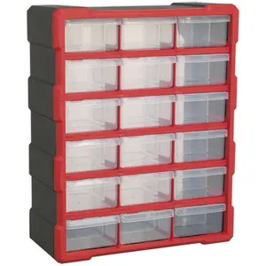 Durable 18 Drawer Parts Cabinet in Red - Wall Mounted or Freestanding Storage Solution