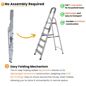 Lightweight Step Ladders 6 Step 167 cm, Max Load 150 kg - Compact Aluminium Portable Stepladder - Heavy Duty Tall Folding Ladder