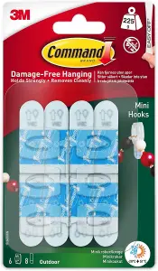 Command Outdoor Mini Hooks, 6 Mini Hooks and 8 Small Adhesive Strips, Transparent - Damage Free Hanging