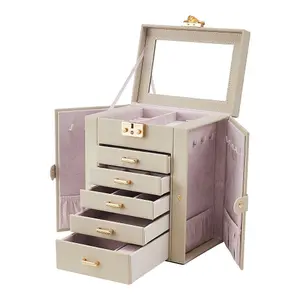 White Faux Leather Jewelry Storage Box with Mirror