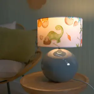 ValueLights Bosco Eucalyptus Ceramic Table Lamp with Dinosaur Drum Shade - LED Bulb Included