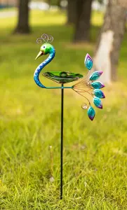 Garden Peacock Glass Bird Bath Feeder Stake