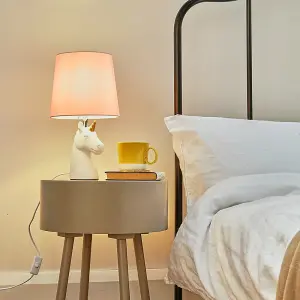 ValueLights White and Gold Ceramic Unicorn Table Lamp With Dusty Pink Tapered Light Shade With LED Golfball Bulb In Warm White