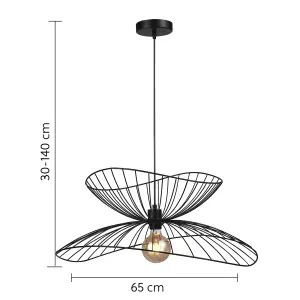 Contemporary Medium Black Pendant Ceiling Light. Twin Shades made with curved metal threads, 65cm Diameter.  Adjustable height