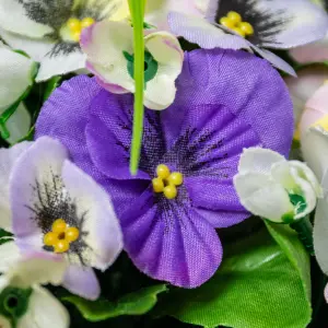 Pair of Artificial Pansy Flowers Rattan Hanging Basket Decoration Yellow Purple & White 25cm