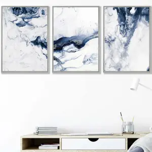 Set of 3 Navy Blue Abstract Ocean Waves Wall Art Prints / 42x59cm (A2) / Light Grey Frame