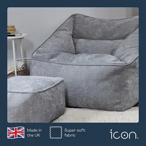 icon Natalia Chenille Armchair Bean Bag and Footstool Set Grey Giant Bean Bag Chair