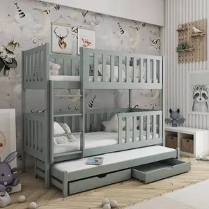 Plimoth Kids Bunk Bed with Trundle with Drawers Grey