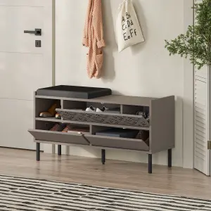 Decortie Heaton Shoe Bench Mocha Grey w/ Fabric Cushion Seat 3-door Storage Cabinet 111(W)x37(D)x56.5(H)cm Metal Legs Hallway