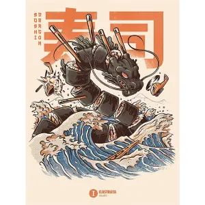 Ilustrata Sushi Dragon Canvas Print Pink/Black/Blue (40cm x 30cm)