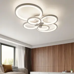 Modern 6 Circular White Metal and Acrylic LED Semi Flush Ceiling Light Fixture for Nordic Decor, Dimmable