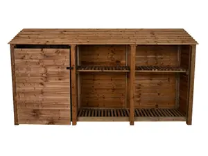 Wooden tool and log store, garden storage with shelf W-335cm, H-180cm, D-88cm - brown finish