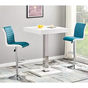 Topaz White High Gloss Bar Table 2 Ritz Teal White Stools