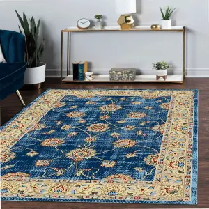 Blue Easy to Clean Bordered Floral Traditional Rug for Living Room, Bedroom, Dining Room - 120cm X 170cm