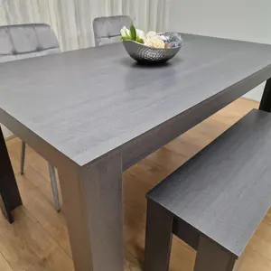 Dining Table and 2 Chairs With Bench  Black Dark Grey Velvet Chairs Wood Dining Set Furniture