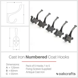 Oakcrafts - Antique Cast Iron Two Part Numbered 1-5 Coat Hooks 125mm - Pack of 5