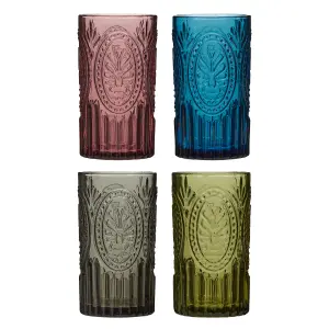 Set of 4 Vintage Luxury Mix-Match Embossed Highball Drinking Glass Tumblers 390ml