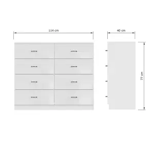 White Gloss 8 Drawer Chest Of Drawers 4+4 Bedroom Furniture