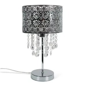 ValueLights Enna Silver Moroccan Style Bedside Table Lamp with Acrylic Jewel Droplet Drum Lampshade