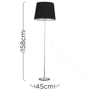 ValueLights Modern Floor Lamp In Brushed Chrome Metal Finish With Extra Large Black Shade