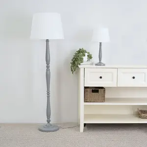 ValueLights Victoria Traditional Grey Wood Candlestick Table Lamp with White Tapered Shade