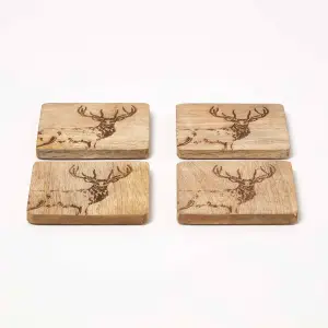 Homescapes Wooden Coaster Set with Stag Design, Set of 4