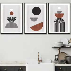 Set of 3 Black Grey Terracotta Abstract Mid Century Geometric Wall Art Prints / 42x59cm (A2) / Black Frame