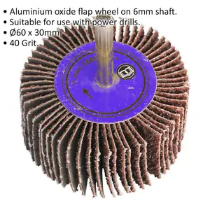 60mm Aluminium Oxide Flap Wheel with 6mm Shaft - 40 Grit for Precision Sanding