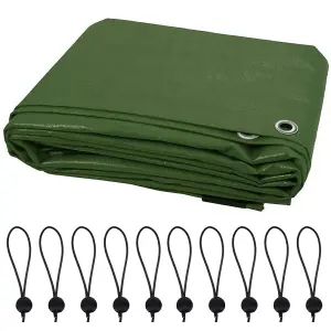 5 x 8 m Tarpaulin Waterproof Heavy Duty Cover Camping Ground Sheet Caravan Furniture Multipurpose 10 Bungee Balls Green 90 GSM