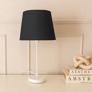 ValueLights Charles White Single Stem Table Lamp with Black Tapered Lamp Shade and LED Bulb