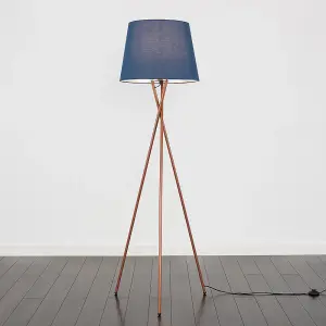 ValueLights Camden Modern Copper Metal Tripod Floor Lamp with Navy Blue Tapered Shade - Includes 6w LED Bulb 3000K Warm White