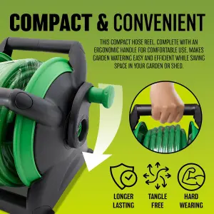 15m Garden Hose Pipe & Compact Wall Reel Fittings Set Standing Wall Mounted New