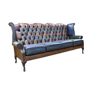 Chesterfield 4 Seater High Back Wing Sofa Antique Patchwork Leather In Queen Anne Style