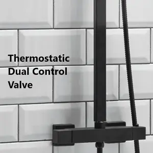 Lunar Matt Black Square Thermostatic Rigid Riser Shower with Diverter