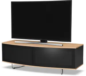 Centurion Supports Caru Gloss Black and Oak Beam-Thru Remote Friendly Contemporary "D" Shape Design up to 65" TV Cabinet