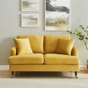 Brigette 2-Seater Mustard Velvet Sofa With Antique Brass Castor Legs - Daals - Sofas