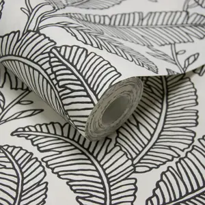 Grandeco Fay Leaf Sketch Foliage Blown Vinyl Wallpaper, White