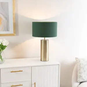 ValueLights Lexy Antique Brass Touch Table Lamp with Forest Green Drum Shade