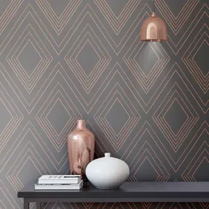 Muriva Charcoal & Rose Gold Geometric Metallic effect Embossed Wallpaper