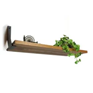 Solid Pine Rustical Shelf Medium Oak with Black FLAT Bracket 25x60cm