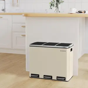 SONGMICS Kitchen Bin, Triple Recycling Bin, 3 Compartment Rubbish Bin for Recycling, Waste, Pedals, Steel, Sand Beige