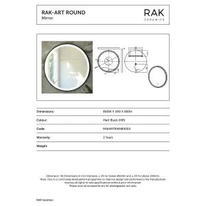 RAK Art Round 800x800mm Matt Black Round Touch Sensor Illuminated Mirror IP44