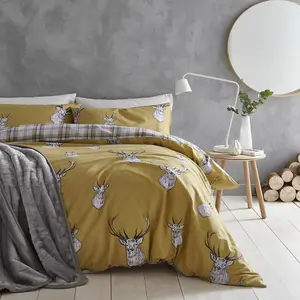 Stag Check Reversible Duvet Cover Set with Pillowcases Beige / Double Duvet Cover + 2 Standard Pillowcases