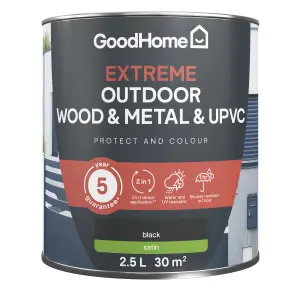 GoodHome Extreme Outdoor Black Satinwood Multi-surface paint, 2.5L