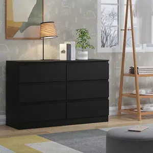 Carlton 6 Drawer Double Dresser - 3+3 Configuration, Scratch-Resistant, Handleless Design, Matte Finish. 12cm Deep Drawers Matt Black