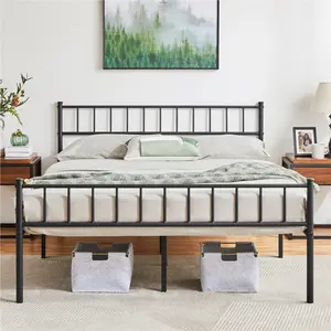 Minimalist Metal Bed Frame with Slatted Headboard Black / Double (4'6)