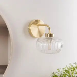 ValueLights Amaia Gold Wall Light Clear Ribbed Glass Shade IP44 Bathroom - Set of 2