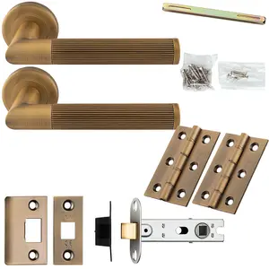 Door Handle & Latch Pack - Antique Brass - Mitred Lined Reeded Lever On Round Rose